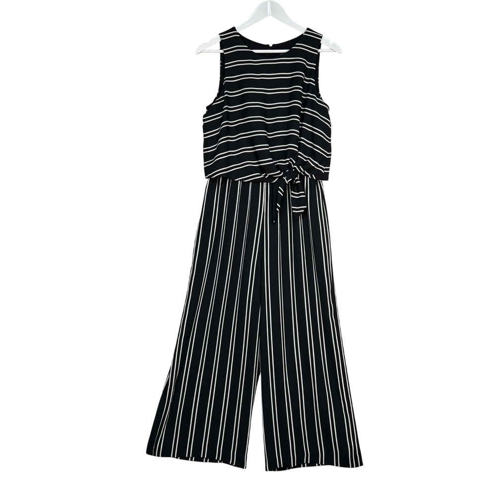 Tahari Black Striped Jumpsuit Women Size 6 Sleeveless Tie Front Wide Leg Cropped